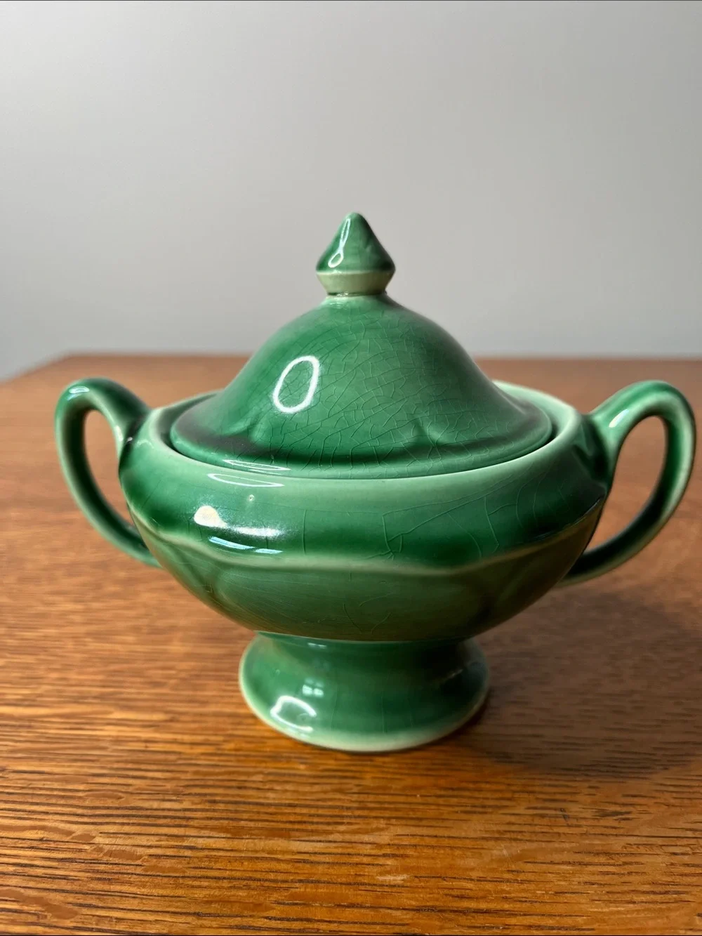 Vintage USA Green Pottery Covered Sugar Bowl. Emerald Glaze  Pedestal Candy Dish